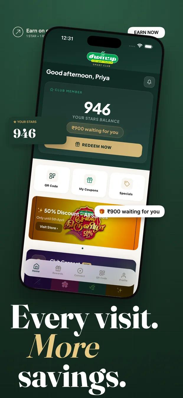 Seematti Smart Club rewards app showing stars balance and member savings